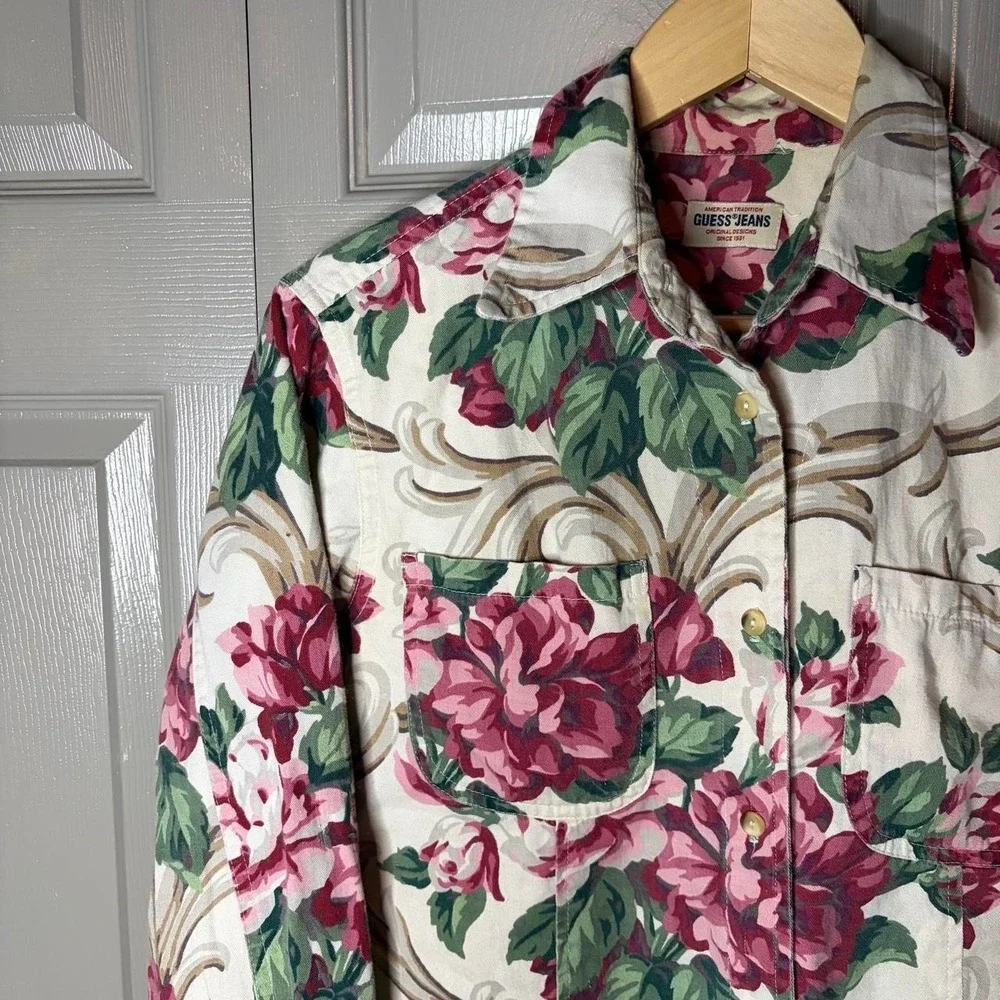 Vintage Guess Jeans Floral Rose Button Up Shirt Women Large Made in USA Y2K 90s